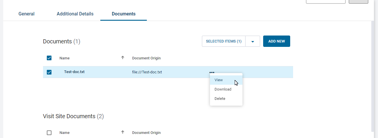 A screenshot of the Documents tabs. The context menu is open and displays three options, View, Download, and Delete. View is highlighted by the cursor.