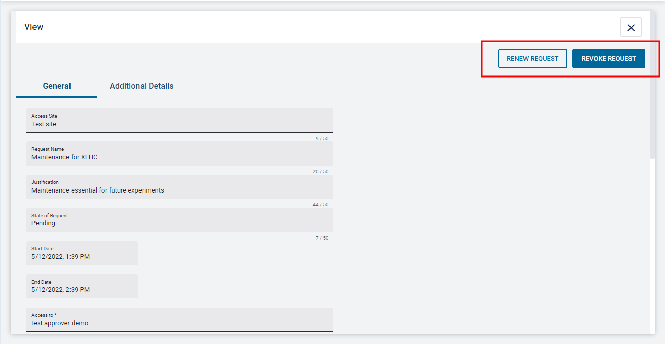 A screenshot of the request toolbar. Two buttons are highlighted, RENEW REQUEST and REVOKE REQUEST.