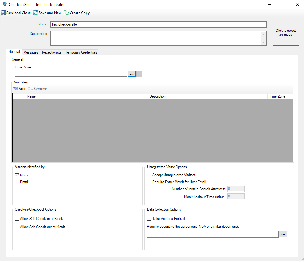 A screenshot of the General tab on the Check-in Site editor.