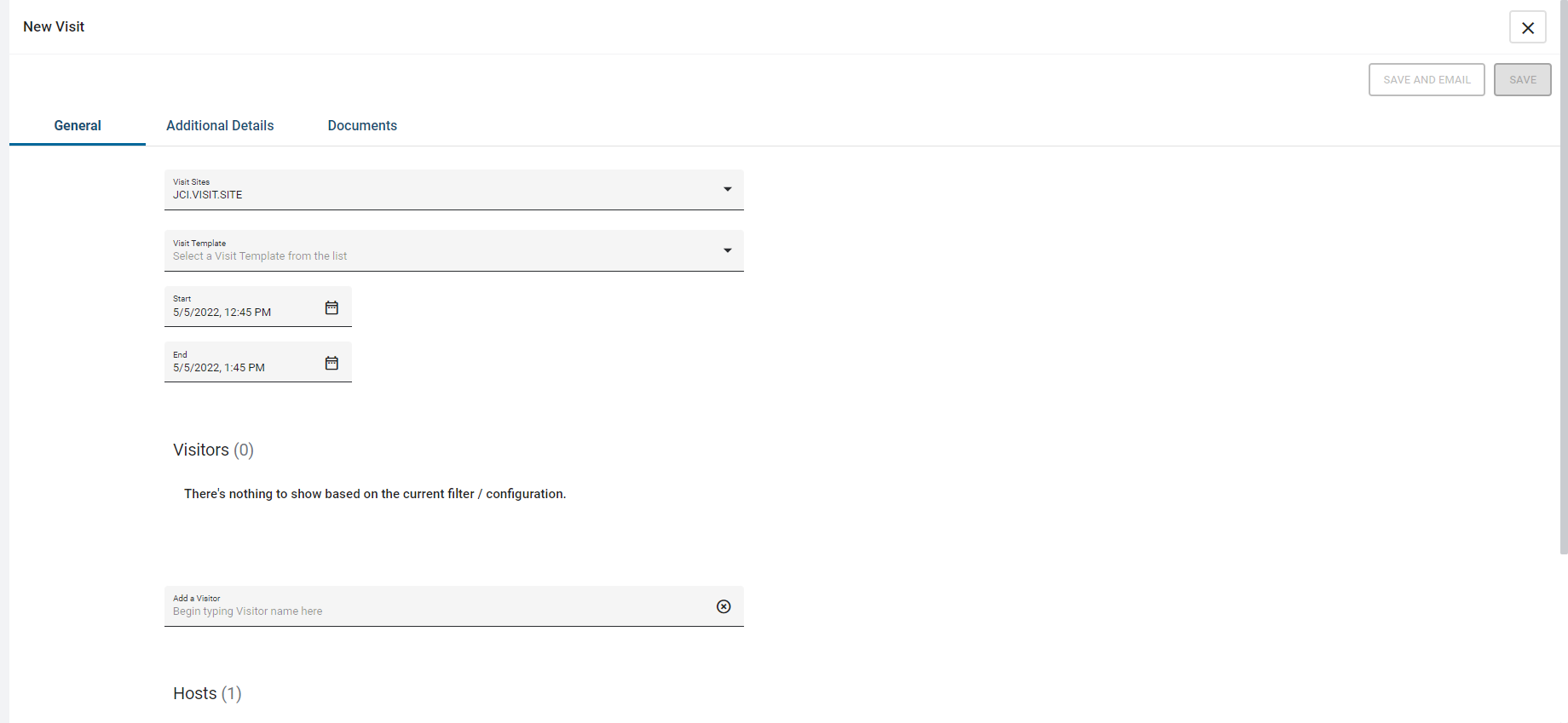 A screenshot of the New Visit screen on the General tab. The Visit information fields include Visit Sites, Visit Template, Start, End, Visitors, and Hosts. 