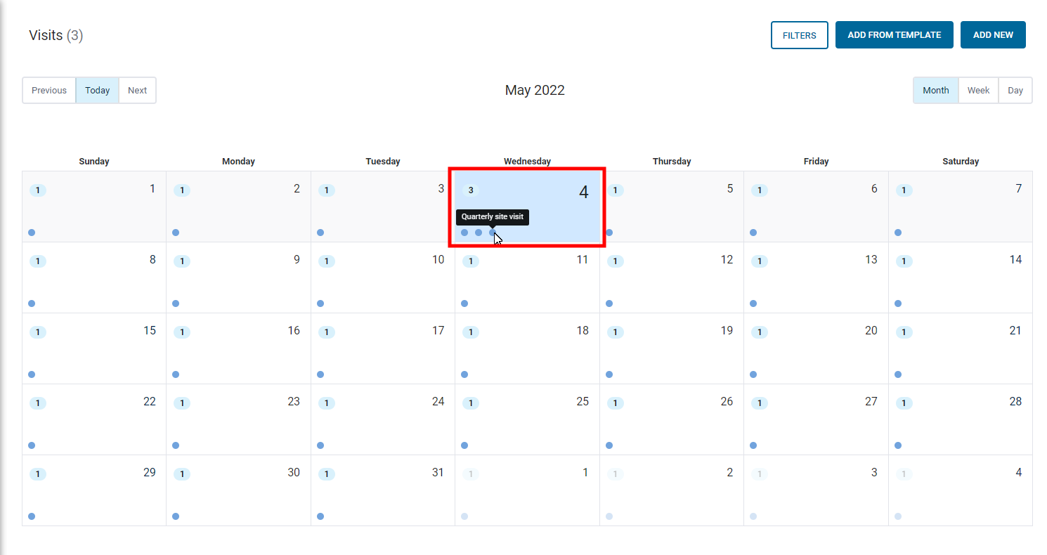 A screenshot of the calendar. Wednesday is highlighted. The cursor hovers over the dot icon, showing the name of the Visit as Quarterly Site Visit.  