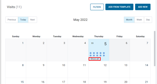 A screenshot of the calendar. Thursday is highlighted. There are ten dots visible to repesent visits. The Show All link displays under the dots.