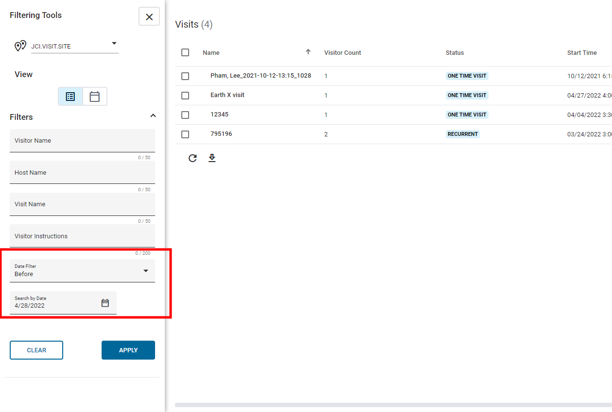 A screenshot of the Filtering Tools pane on the left of the screen. The Date Filter and Search by Date fields are highlighted.