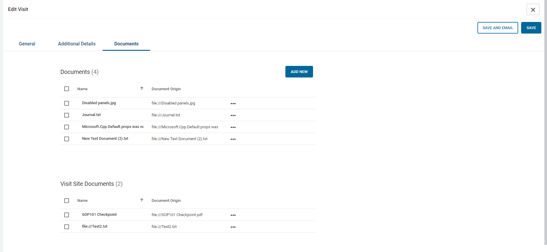 A screenshot of the Documents tab on the Edit Visit screen. It shows a Documents sxetion, a Visit Site Documents section, and an Add New button.