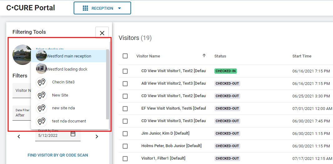 A screenshot of the Reception portal. In the Filtering Tools pane on the left, the Select a Checkin Site list is highlighted.
