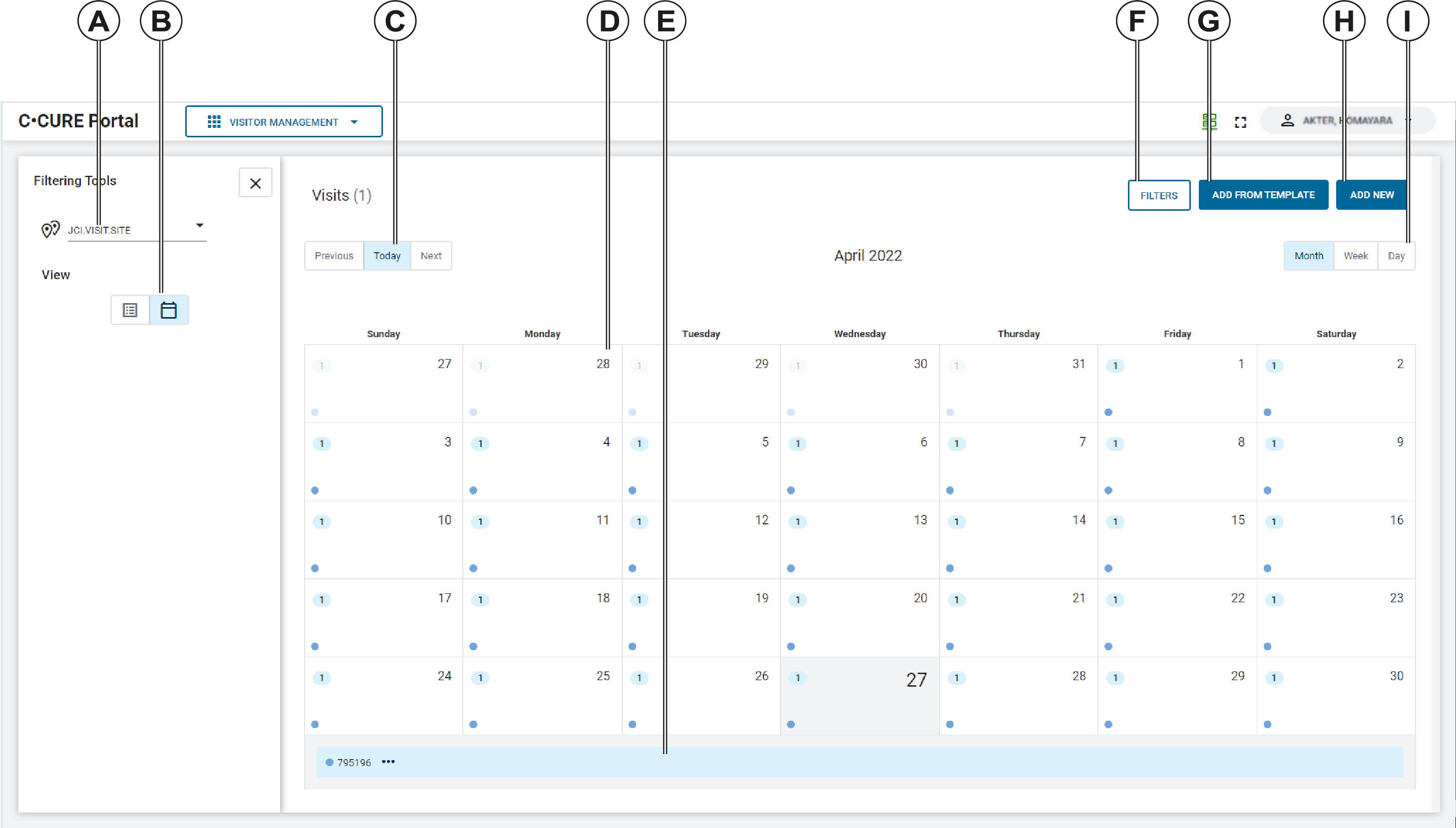 A screenshot of the calendar view on C•CURE Portal, with callouts A to I going from left to right.