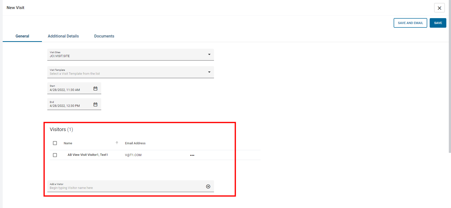 A screenshot of the New Visit screen. The Visitors area at the end of the page is highlighted.