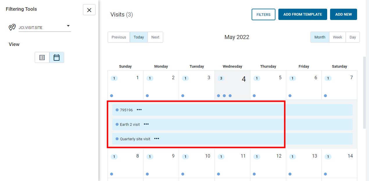 A screenshot of scheduled visits in the monthly calendar. The visits stretch across Sunday to Friday in a blue bar.