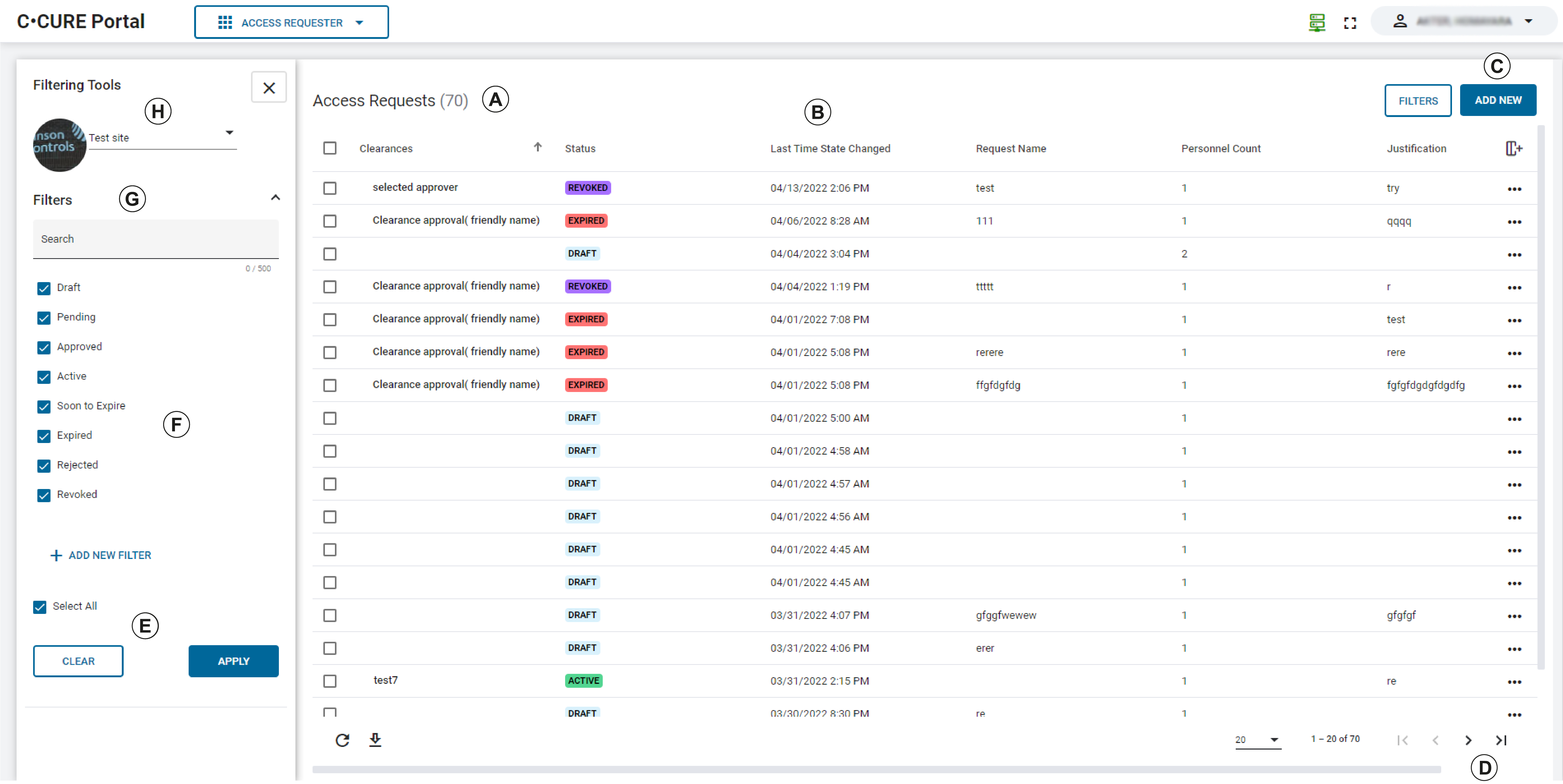 A screenshot of the main screen of the Access Requester application.